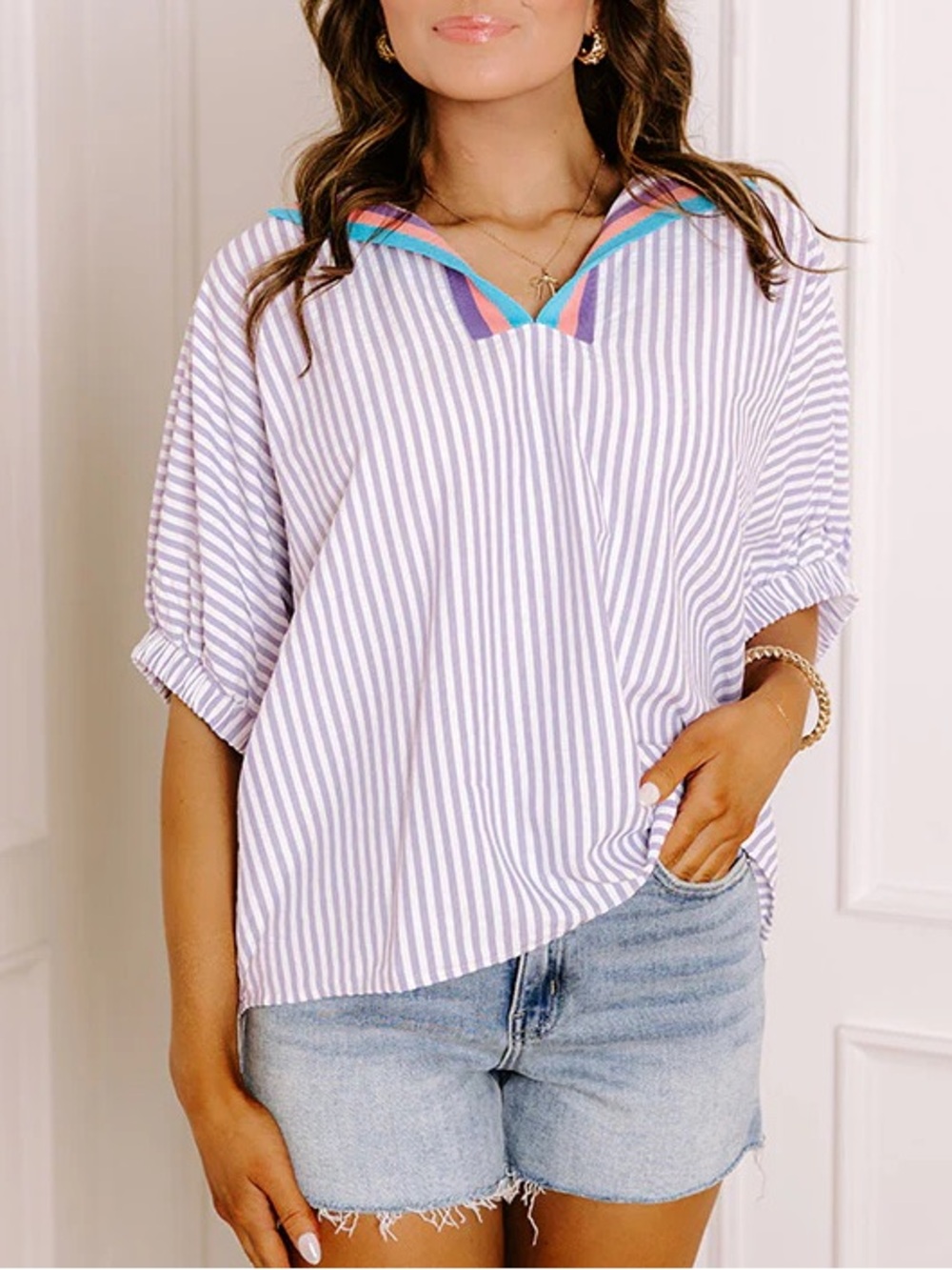entro Lavender-and-White Striped V-Neck Top with Colorful Trim